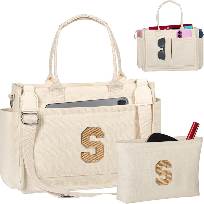 Freesya Store Birthday Gifts for Women Teen Girls, Initial Tote Bag with Zipper, Letter Canvas Tote Purse for College Work Laptop - Image 1
